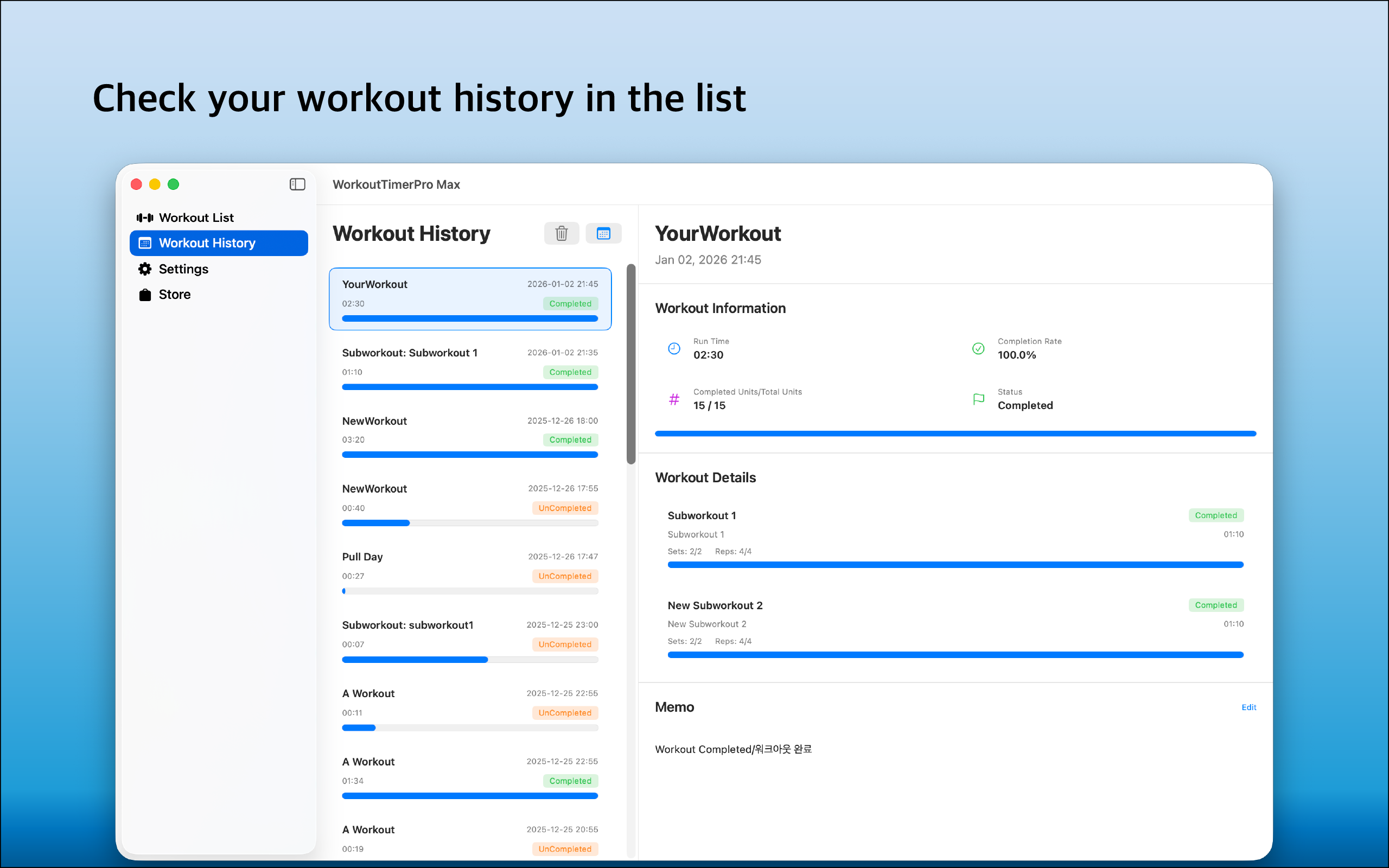 Workout History List