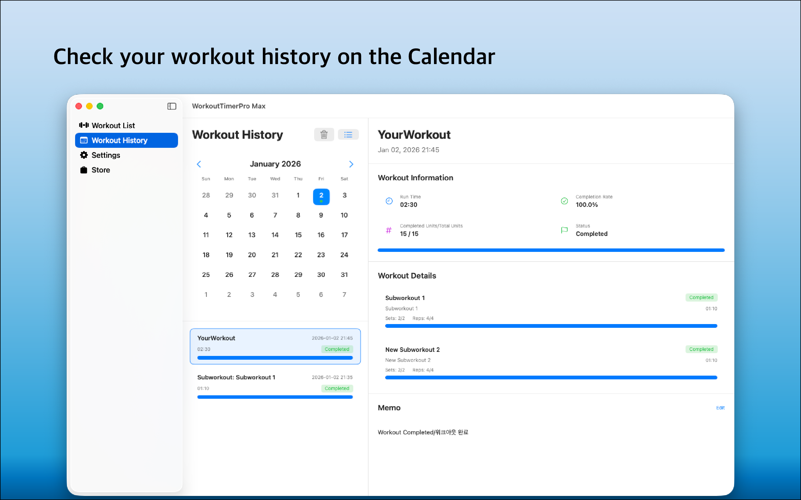 Workout History Calendar