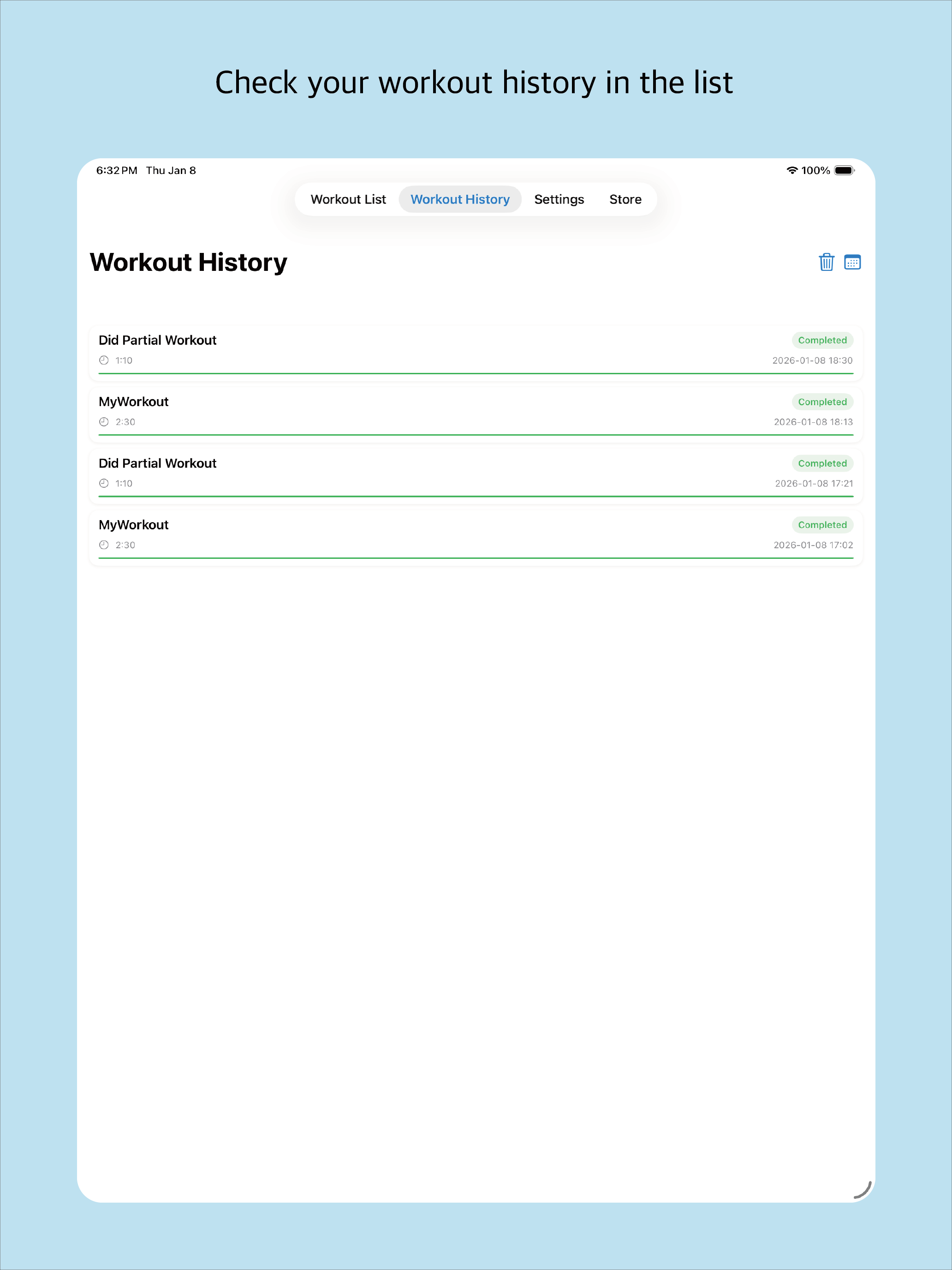 Workout History List