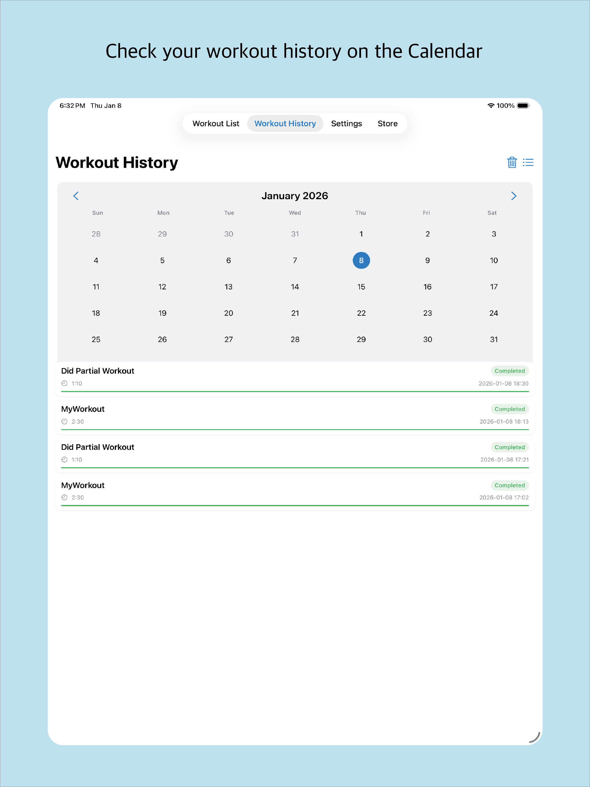 Workout History Calendar