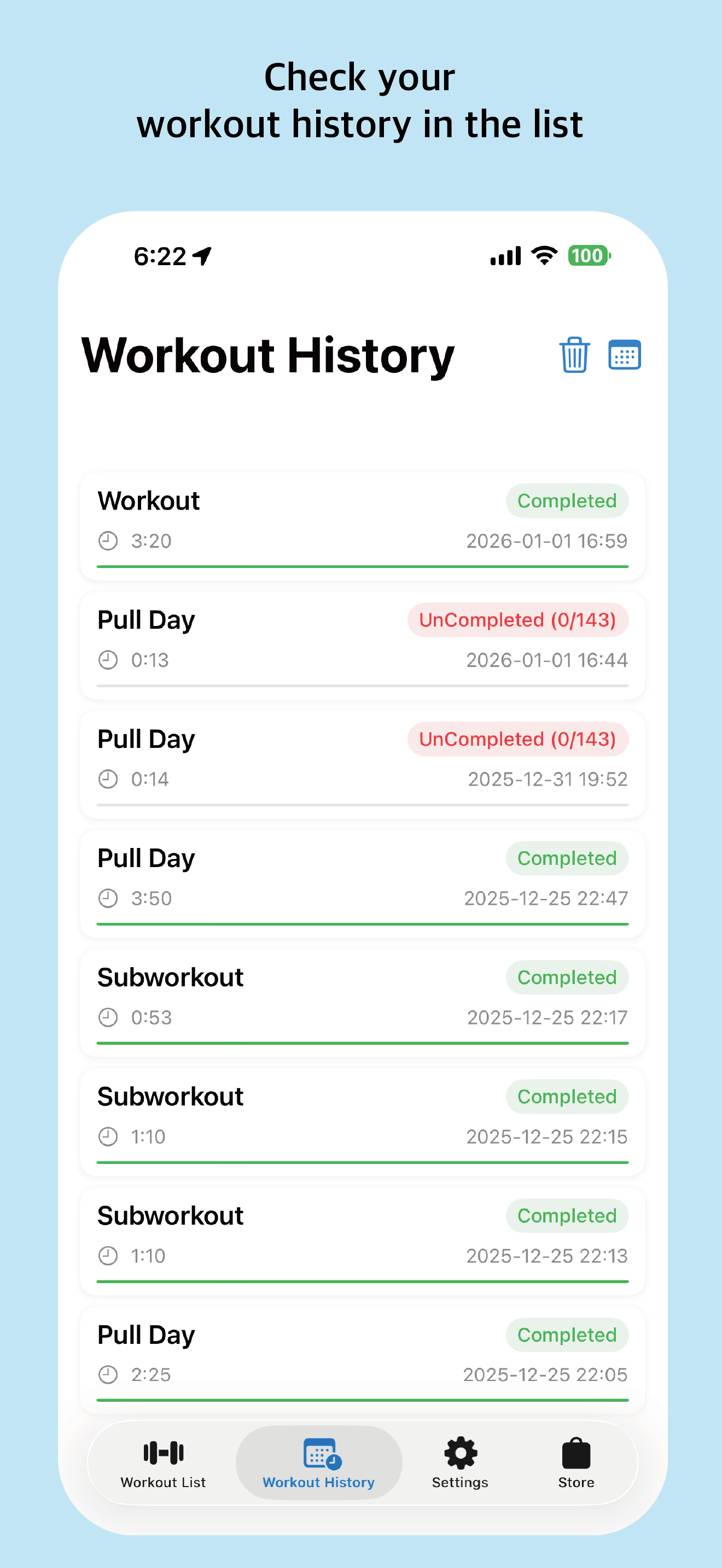 Workout History List